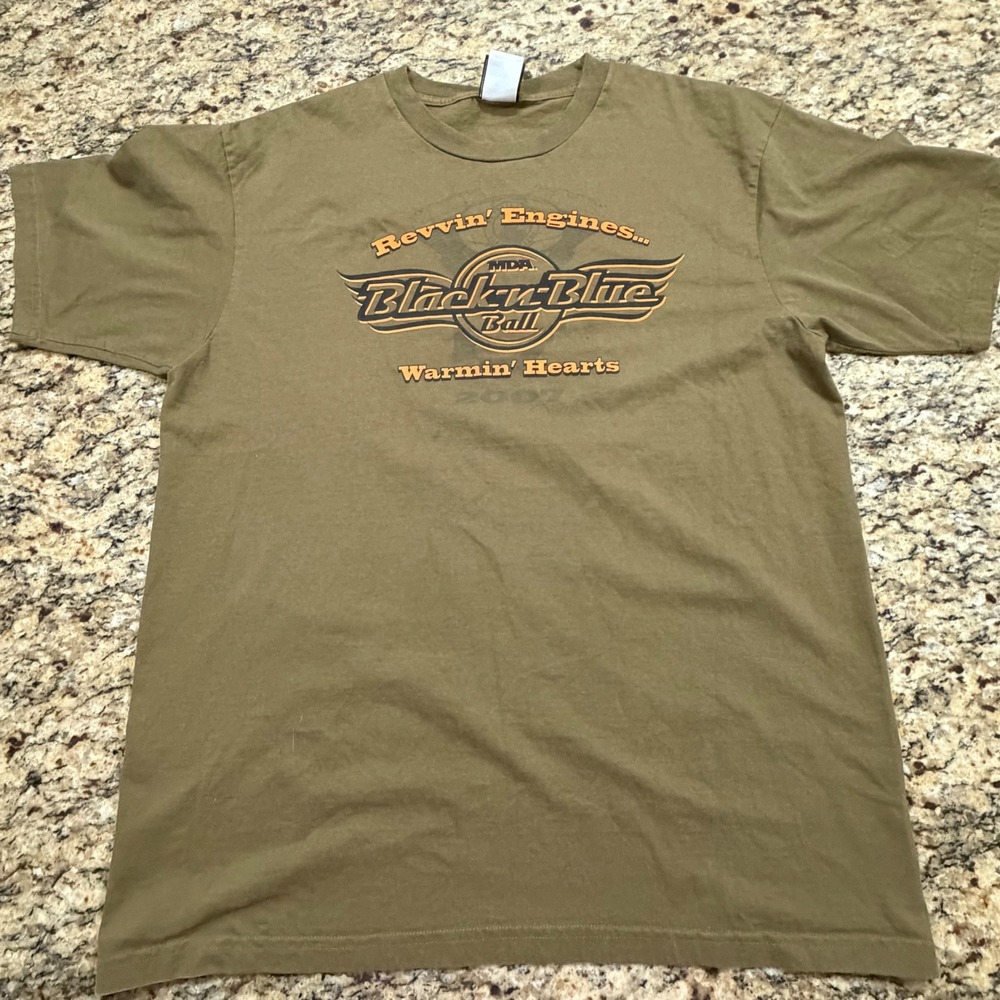 Harley-Davidson Mens XL T-Shirt‎ Olive Green 2007 MDA Black-n-Blue Ball USA Made